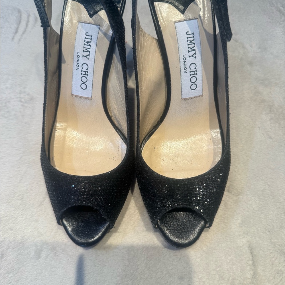 Jimmy Choo Black Glitter Peep-Toe Platforms